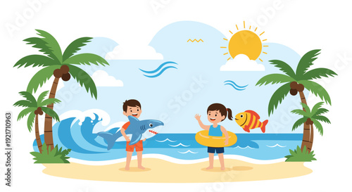 Two happy young children playing on a sunny beach with a large inflatable shark and a fish during a fun summer holiday.