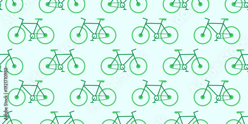 Seamless pattern with green bicycles on light background. Eco transport repeat design for banner, cycling, urban mobility, sustainability, textile, fabric, print and modern branding. Flat vector.