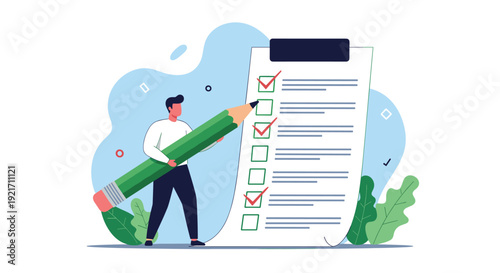 Business professional holding a giant green pencil while marking tasks on a large completed checklist for success.