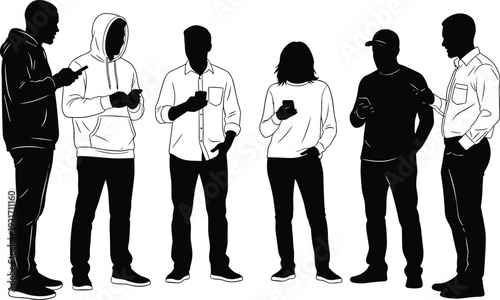 People using smartphones standing silhouette set, modern men and women mobile phone addiction black vector illustration isolated