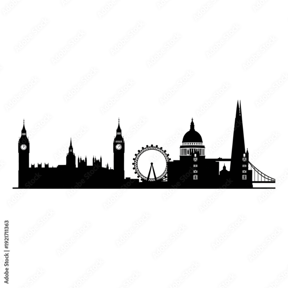 Naklejka premium London skyline silhouette, cityscape vector, famous landmarks illustration, British architecture, black and white London panorama, travel icon, historic monument design