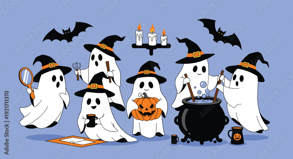Obraz premium Group of adorable ghosts in witch hats celebrating Halloween with pumpkins, candles, and a large bubbling cauldron.