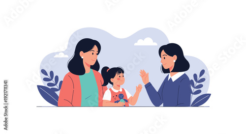 Friendly neighbor waving hello to a mother and her young daughter during a casual greeting meeting outside their homes.