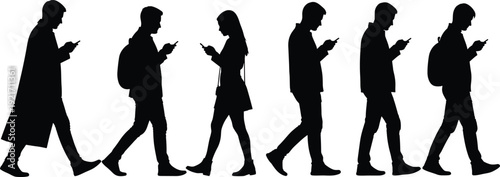 People walking and using smartphones silhouette set, modern men and woman addicted to mobile phone black vector illustration