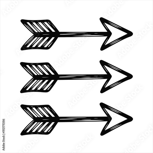 Set of three hand drawn hatched arrows pointing right, black sketch arrows isolated on white background