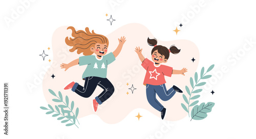 Two happy young girls jumping together with pure excitement and joy surrounded by stars and decorative green leaves.