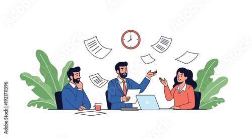Business team having a busy meeting with papers flying in the air as they work against the clock for a deadline.