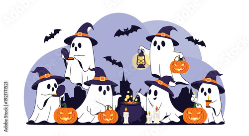 Group of cute ghosts wearing witch hats celebrates halloween with pumpkins, bats, and a boiling cauldron in the city.