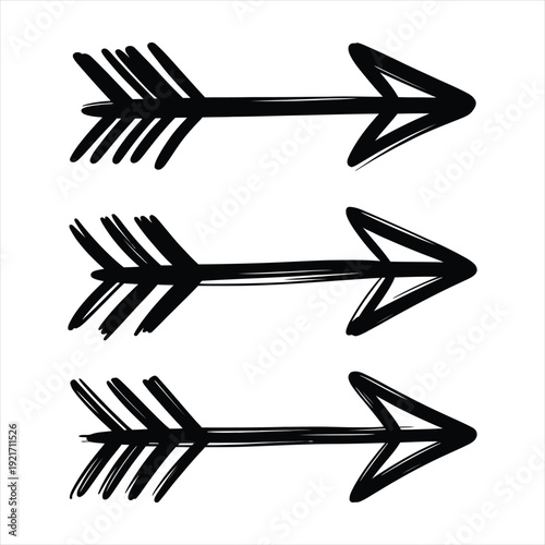 Set of three hand drawn doodle arrows, black sketch arrows pointing right isolated on white background