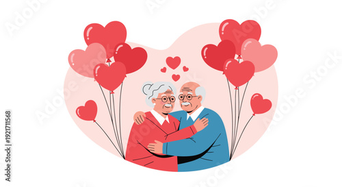 Happy elderly couple embraces lovingly while surrounded by red floating hearts, celebrating long term romance and care.