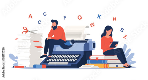 Creative writers work around a giant typewriter with flying letters and stacks of books to represent inspiration and hard work.