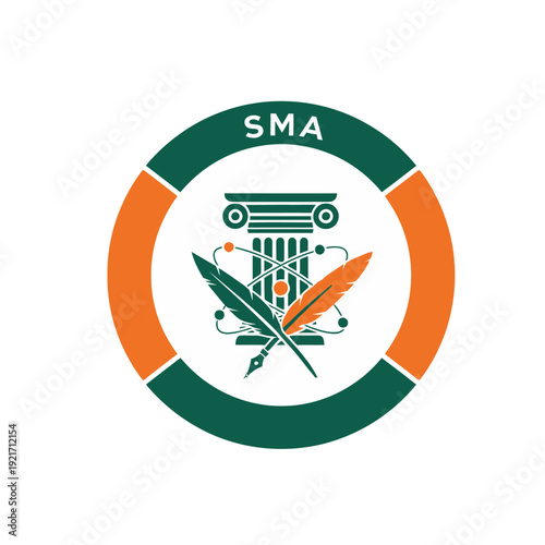 Circular logo featuring a classical column crossed quills and atomic orbits bordered in green and orange