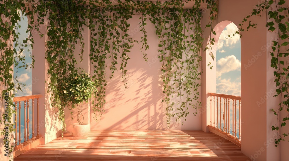 Obraz premium Sunlit balcony with greenery and arches architectural exterior