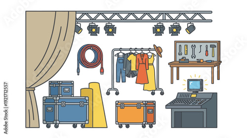 Theatre Backstage Equipment Group with Stage Lights, Costumes, Sound Desk, Road Cases for Entertainment Industry Production, in Colorful Outline Vector Illustration, Flat Design on White Background.