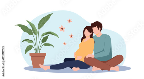 Expectant couple sits peacefully on the floor near a large potted plant, looking forward to their new arrival together.