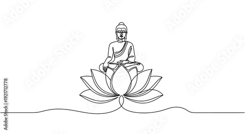 Buddha Sitting on Lotus Flower, Single Line Drawing, Meditation, Spirituality, Zen