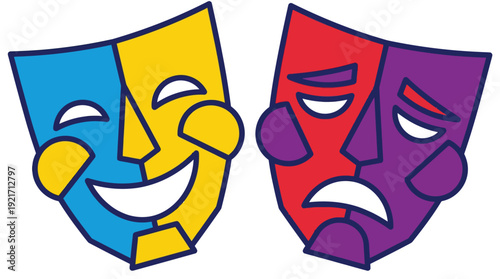 Two Theatre Masks, depicting contrasting happy and sad expressions, representing Drama and Performing Arts, in a vibrant Flat Design style, as a clean Vector Illustration.