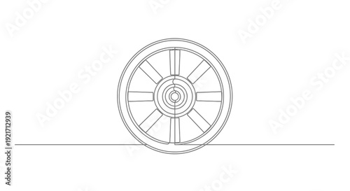 Minimalist line art of a vintage wagon wheel on a flat line, isolated on white