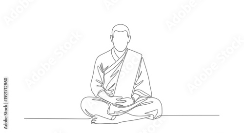 Monk Meditating in Lotus Pose, Single Line Drawing, Zen Buddhism