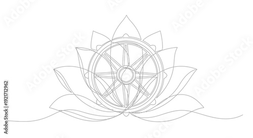 Dharmachakra Lotus Flower Line Art Symbol - Buddhism, Enlightenment, Peace