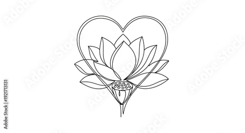 Minimalist Heart Lotus Flower Line Art Drawing