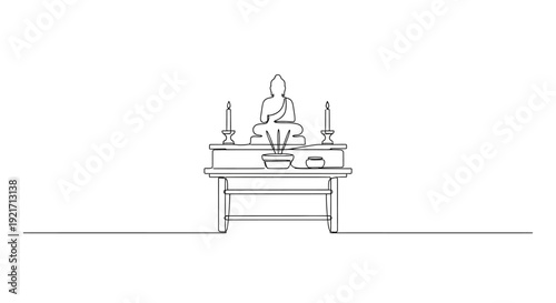 Buddhist altar with statue, candles, and incense sticks, minimalist line art.