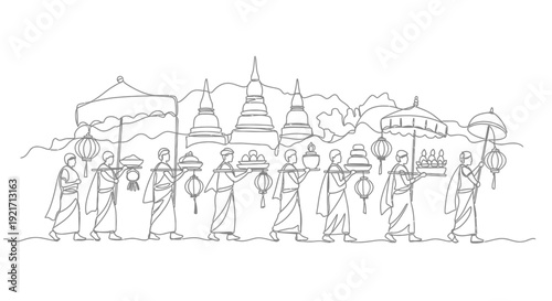 Buddhist Procession: Monks Carrying Offerings and Lanterns with Pagodas Background