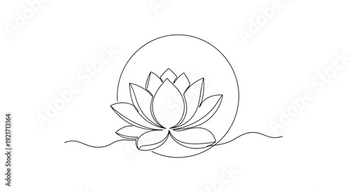 Minimalist Lotus Flower Line Art with Sun and Water