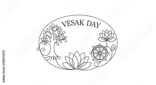 Vesak Day Outline: Buddha's Enlightenment Symbols - Bodhi Tree, Lotus, Dharma Wheel