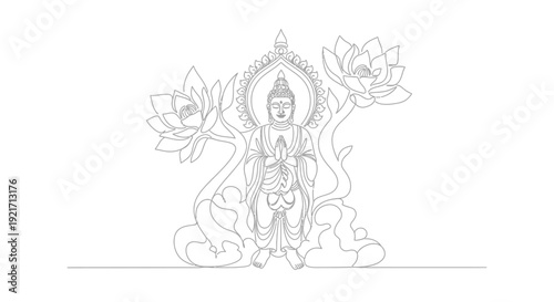 Buddha Statue Outline with Lotus Flowers and Clouds - Zen Meditation Line Art