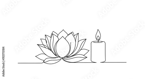 Minimalist single line drawing of a lotus flower and a lit candle