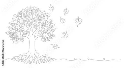 Stylized Tree with Falling Leaves - Black and White Line Art