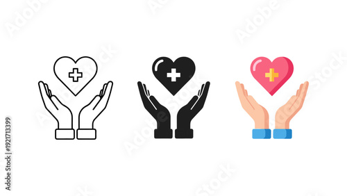 Flat design illustration of hands cradling a heart with a cross, symbolizing compassion, healthcare, and medical support in a clean, professional style.