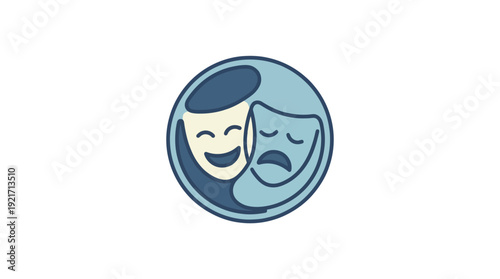 Theatre Masks Logo Happy and Sad Faces Expressive Emotion Drama and Performing Arts Symbol Flat Design Vector in Muted Blue Tones Isolated Illustration on White Background
