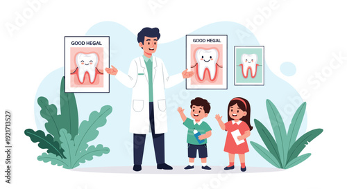 Friendly male dentist uses illustrations to teach two young children about good dental hygiene and healthy teeth.