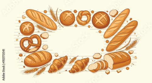 Large assortment of freshly baked bread, croissants, and pretzels arranged in a decorative border on a light background.