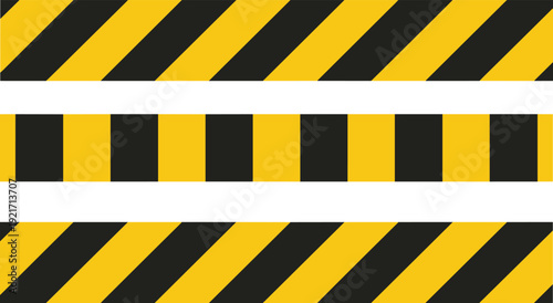 Caution tape stripes vector set, yellow and black hazard tape patterns, diagonal and vertical warning barriers for construction, safety and industrial signage