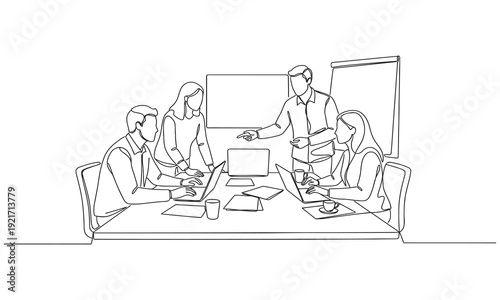 Single continuous line drawing of young workers talking seriously about company policy around the table, minimalist line art teamwork concept