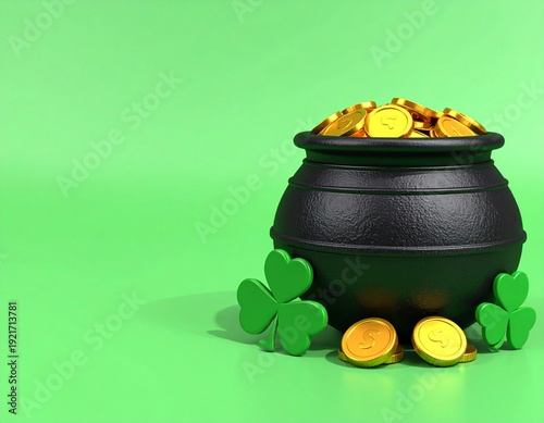 3D Illustration Black Pot of Gold Coins and Green Clover on Vibrant Green Background, St. Patrick’s Day Treasure