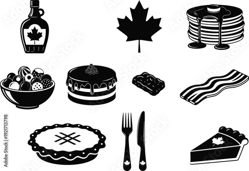 Black and white Canadian food vector illustration featuring maple syrup, pancakes, bacon, pie, cake, fruits, granola bar, fork, knife, maple leaf