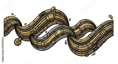 Abstract steampunk metallic waves design element with intricate flowing gold and silver textures, perfect for industrial or vintage backgrounds.