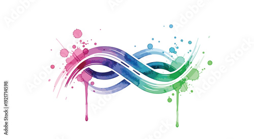 Vibrant watercolor infinity symbol with colorful paint splatters and drips. Abstract artistic design element for creativity, flow, and endless possibilities.