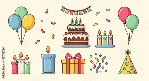 Collection of birthday party elements, including cakes, balloons, candles, and confetti, perfect for celebrations