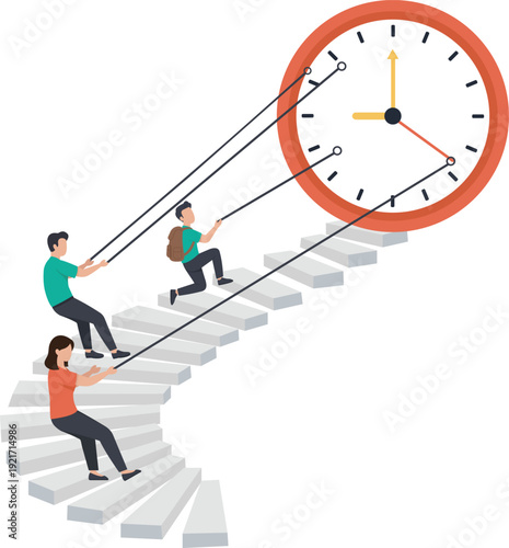 Teamwork for deadline management pulling a giant clock up the stairs