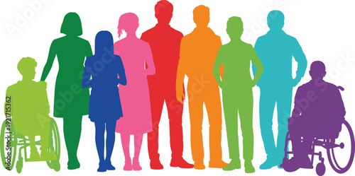 Colorful diverse people silhouettes showing men, women, children and wheelchair users, inclusive community and teamwork vector illustration set for designers