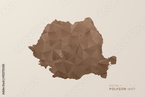 Romania Map - Polygon Style Vector Illustration in Brown Gradient, Low Poly Geometric Design, Isolated on Beige Background for Infographics and Decoration.