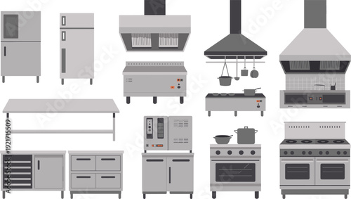 Commercial kitchen equipment vector set showing ovens, stoves, hoods, refrigerators, prep tables, sinks and storage cabinets for restaurant and catering design