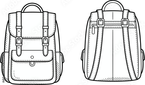 Classic leather backpack front and back view line art vector illustration vintage school rucksack outline design isolated