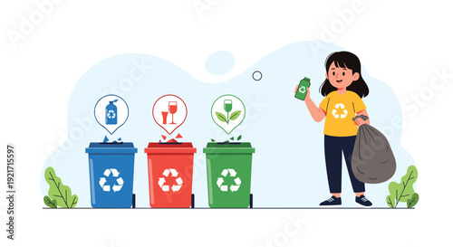 Responsible young girl sorts plastic, glass, and paper waste into colorful recycling bins to protect the environment.
