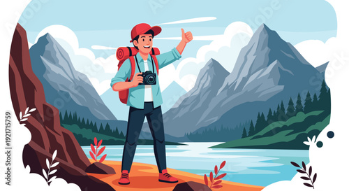 Happy male hiker with a backpack and camera gives a thumbs up while standing in a beautiful mountain lake landscape.